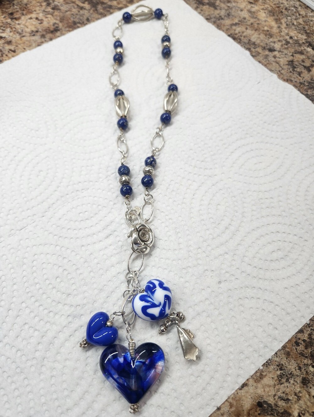 Sterling Handcrafted Blown Glass Blue Heart Pendant Necklace